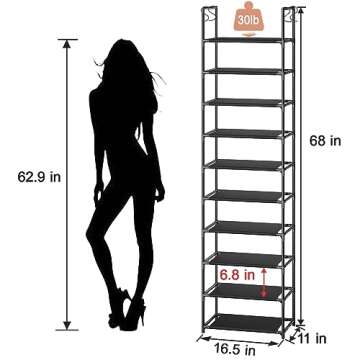 Kottwca 10 Tier Tall Shoe Rack Organizer for Closet Entryway, 20-24 Pair Shoe Boot Storage Rack, Metal Frame Non-Woven Fabric Shelf Small Vertical Stackable Shoe Stand for Bedroom Corner with Hook