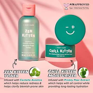 I Dew Care Travel Skincare Set - Kitten Crush | With Centella Asiatica, Prickly Pear, Aloe Vera, Heartleaf Extract, Hydrating, Facial Toner, and Moisturizer for Blemished Skin, Gift, Gift Set, Spa Day