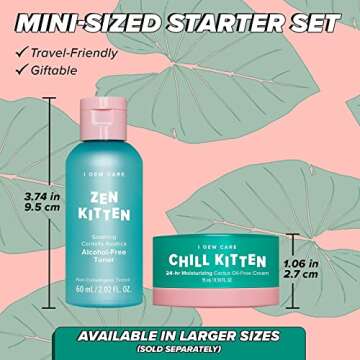 I Dew Care Travel Skincare Set - Kitten Crush | With Centella Asiatica, Prickly Pear, Aloe Vera, Heartleaf Extract, Hydrating, Facial Toner, and Moisturizer for Blemished Skin, Gift, Gift Set, Spa Day