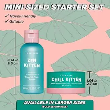 I Dew Care Travel Skincare Set - Kitten Crush | With Centella Asiatica, Prickly Pear, Aloe Vera, Heartleaf Extract, Hydrating, Facial Toner, and Moisturizer for Blemished Skin, Gift, Gift Set, Spa Day