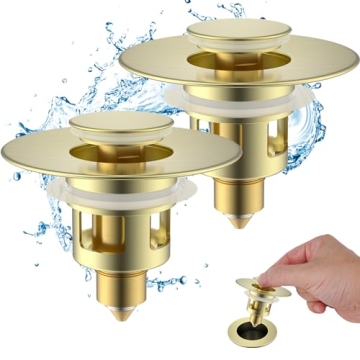 Hibbent 2 Pack All Metal Universal Bathroom Sink Stopper, Brushed Gold Finish