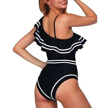 Elegant Taste Women's One Piece Swimsuit One Shoulder Ruffle High Waisted Bathing Suits Black Small Size