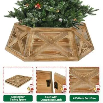 Yoochee Wooden Christmas Tree Collar Box, 6 Panels 30'' Hexagon Burned Christmas Tree Base Cover Decor for Artificial Tree,Rustic Farmhouse Tree Skirt Alternative for 7.5 ft 9 ft 12ft Tree