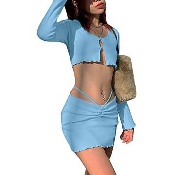 Women's Long Sleeve Mini Skirt Sets Sexy Lace Cardigan Crop Tops and Mini Dress Y2K Bodycon Fashion 2 Piece Outfits (Blue, L, l)