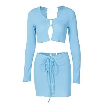 Women's Long Sleeve Mini Skirt Sets Sexy Lace Cardigan Crop Tops and Mini Dress Y2K Bodycon Fashion 2 Piece Outfits (Blue, L, l)