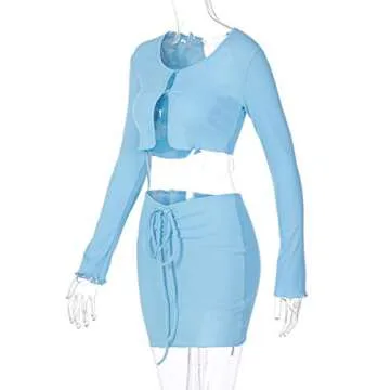 Women's Long Sleeve Mini Skirt Sets Sexy Lace Cardigan Crop Tops and Mini Dress Y2K Bodycon Fashion 2 Piece Outfits (Blue, L, l)