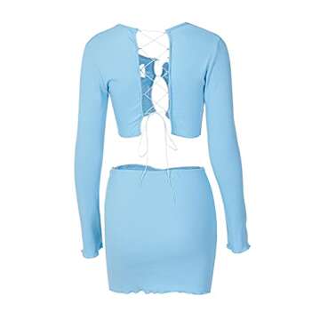 Women's Long Sleeve Mini Skirt Sets Sexy Lace Cardigan Crop Tops and Mini Dress Y2K Bodycon Fashion 2 Piece Outfits (Blue, L, l)