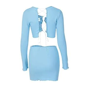 Women's Long Sleeve Mini Skirt Sets Sexy Lace Cardigan Crop Tops and Mini Dress Y2K Bodycon Fashion 2 Piece Outfits (Blue, L, l)