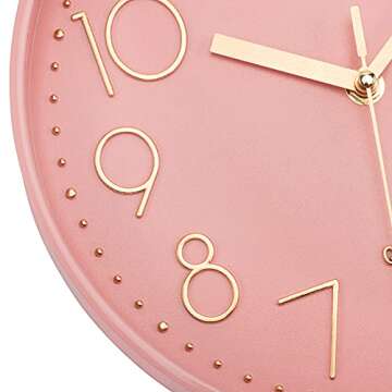 Lumuasky Pink Wall Clock Modern Battery Operated Analog Small Cute Silent Non-Ticking Decorative Clock for School Office Classroom Bedroom Kitchen Living Room Nursery Decor (10 inch)