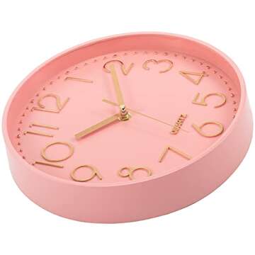 Lumuasky Pink Wall Clock Modern Battery Operated Analog Small Cute Silent Non-Ticking Decorative Clock for School Office Classroom Bedroom Kitchen Living Room Nursery Decor (10 inch)