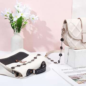 PH PandaHall Purse Chain, 2pcs 14 Inch Decorative Bag Strap Silver Bag Chain Alloy Strap with Black Enamel Flower Replacement Bag Chain Bag Handle Straps Bag Charms for Women Crossbody Shoulder Bag