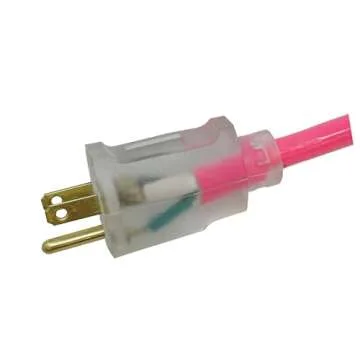 Coleman Cable 2577SW000A 25-Foot 12/3 Neon Outdoor Extension Cord, Made in the USA, Water Resistant Vinyl Jacket, Reinforced Blades, Clear Molded Plug With Power Indicated Light, Fluorescent Pink,