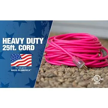 Coleman Cable 2577SW000A 25-Foot 12/3 Neon Outdoor Extension Cord, Made in the USA, Water Resistant Vinyl Jacket, Reinforced Blades, Clear Molded Plug With Power Indicated Light, Fluorescent Pink,