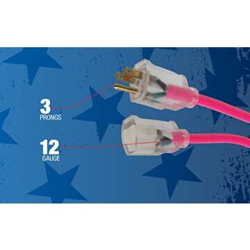 Coleman Cable 2577SW000A 25-Foot 12/3 Neon Outdoor Extension Cord, Made in the USA, Water Resistant Vinyl Jacket, Reinforced Blades, Clear Molded Plug With Power Indicated Light, Fluorescent Pink,