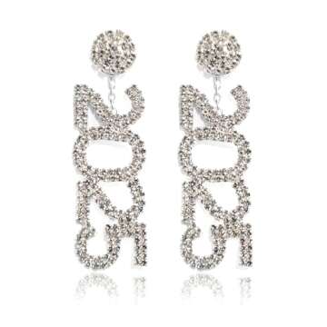 2025 Letters Rhinestone Dangle Earrings Tassel Happy New Year Earrings for Women New Year’s Eve Party Earrings Holiday Festive Jewelry-Style F