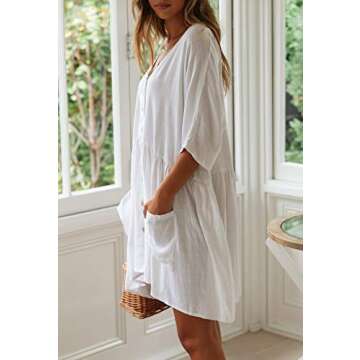 Wander Agio Beach Swimsuit for Women Sleeve Coverups Bikini Cover Up Shirt Button Pocket Down Skirt White