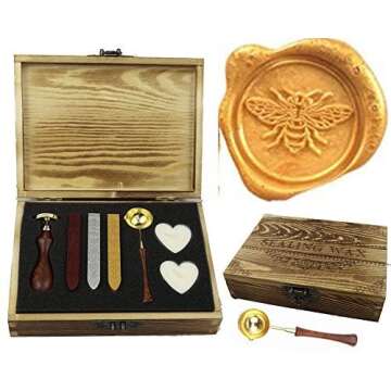 MNYR Bee Wax Seal Stamp Vintage Wooden Gift Box Packing Set Sealing Wax Sticks Melting Spoon Candle ...