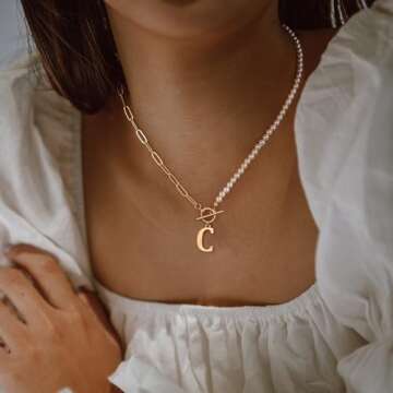 Dainty Initial Pearl Necklace for Women, 14K Gold Plated Paperclip Link Chain Necklace Toggle Clasp ...