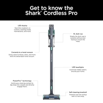 Shark IZ631H Cordless Pro Vacuum with PowerFins and Self-Cleaning Brushroll, Includes Upholstery Tool & Crevice Tool, Up To 60 Minute Runtime, HEPA Filtration, Cordless Vacuum, Dark Grey/Mojito