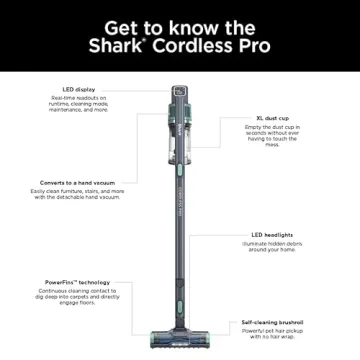 Shark IZ631H Cordless Pro Vacuum with PowerFins and Self-Cleaning Brushroll, Includes Upholstery Tool & Crevice Tool, Up To 60 Minute Runtime, HEPA Filtration, Cordless Vacuum, Dark Grey/Mojito