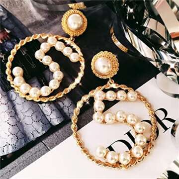 Stylish Big Circle Earrings with Pearl and Ribbon Weaves