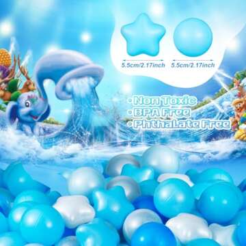 Liliful 500 Pcs Play Ball Crush Proof Play Plastic Balls for Indoor Outdoor Playhouse Tent Crawling Tunnel Birthday Party Decorations, 2.17 Inches, Round and Star(Blue Series)