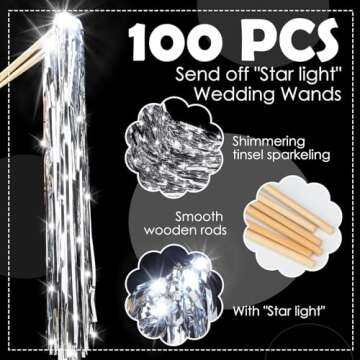 Simgoing 100 Pcs Lighted Wedding Wands LED Tinsel Wedding Wands Light up Wedding Streamers for Weddi...