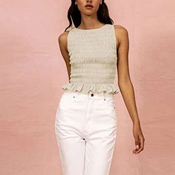 Women Shirred Tank Top Ruffle Sleeveless Tanks Frill Smocked Halter Cami Tops Summer Streetwear, Apr...