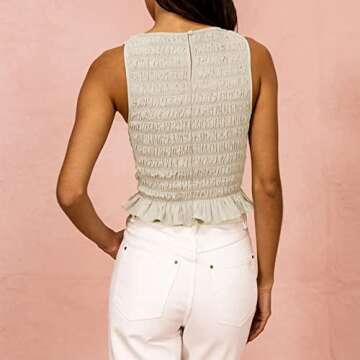 Women Shirred Tank Top Ruffle Sleeveless Tanks Frill Smocked Halter Cami Tops Summer Streetwear, Apricot, Small