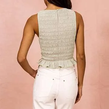 Women Shirred Tank Top Ruffle Sleeveless Tanks Frill Smocked Halter Cami Tops Summer Streetwear, Apricot, Small