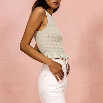 Women Shirred Tank Top Ruffle Sleeveless Tanks Frill Smocked Halter Cami Tops Summer Streetwear, Apricot, Small