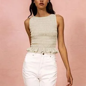 Women Shirred Tank Top Ruffle Sleeveless Tanks Frill Smocked Halter Cami Tops Summer Streetwear, Apricot, Small