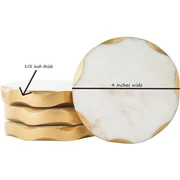 James Scott Marble Coasters - Set of 4 Round Natural Coasters with Gold Edges - Beautiful Gift