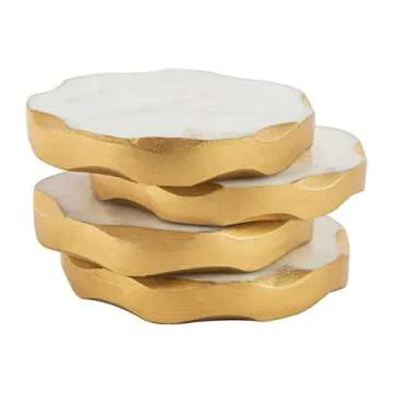 James Scott Marble Coasters - Set of 4 Round Natural Coasters with Gold Edges - Beautiful Gift