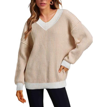 EVALESS Oversized Striped Sweater V Neck Color Block Drop Shoulder Pullover Sweaters for Women Dress...