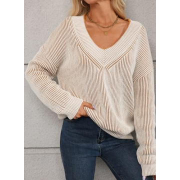 EVALESS Oversized Striped Sweater V Neck Color Block Drop Shoulder Pullover Sweaters for Women Dressy Casual Long Sleeve Cute Sweater Tops for Women 2024 Trendy Fall Fashion Clothes Khaki Large