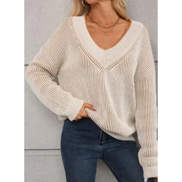 EVALESS Oversized Striped Sweater V Neck Color Block Drop Shoulder Pullover Sweaters for Women Dressy Casual Long Sleeve Cute Sweater Tops for Women 2024 Trendy Fall Fashion Clothes Khaki Large