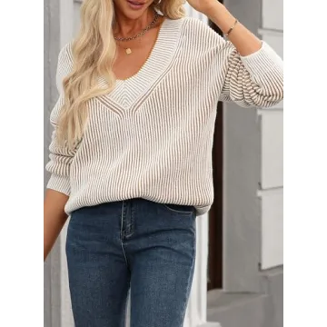 EVALESS Oversized Striped Sweater V Neck Color Block Drop Shoulder Pullover Sweaters for Women Dressy Casual Long Sleeve Cute Sweater Tops for Women 2024 Trendy Fall Fashion Clothes Khaki Large