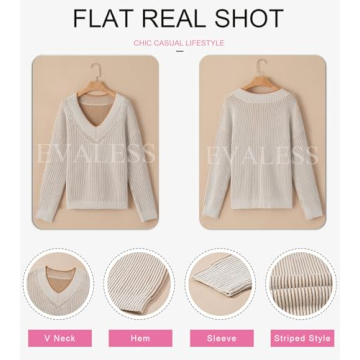 EVALESS Oversized Striped Sweater V Neck Color Block Drop Shoulder Pullover Sweaters for Women Dressy Casual Long Sleeve Cute Sweater Tops for Women 2024 Trendy Fall Fashion Clothes Khaki Large