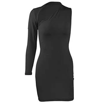 xxxiticat Women's One Shoulder Formal Dresses Long Sleeve Bodycon Asymmetric Ruched Split Pleated Hollow Out Mini Dress(BBL,M)