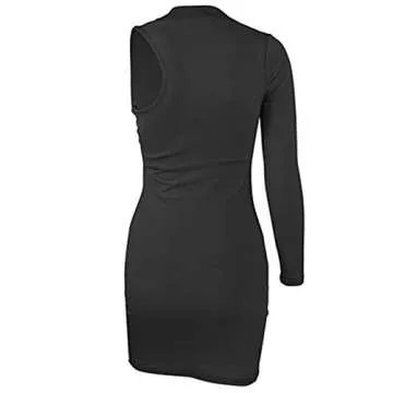 xxxiticat Women's One Shoulder Formal Dresses Long Sleeve Bodycon Asymmetric Ruched Split Pleated Hollow Out Mini Dress(BBL,M)