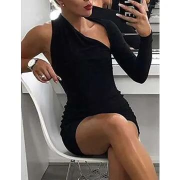xxxiticat Women's One Shoulder Formal Dresses Long Sleeve Bodycon Asymmetric Ruched Split Pleated Hollow Out Mini Dress(BBL,M)