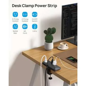 TROND Desk Clamp Power Strip - 1700J Surge Protector with 7 Outlets, Desktop Edge Mount Extension Co...