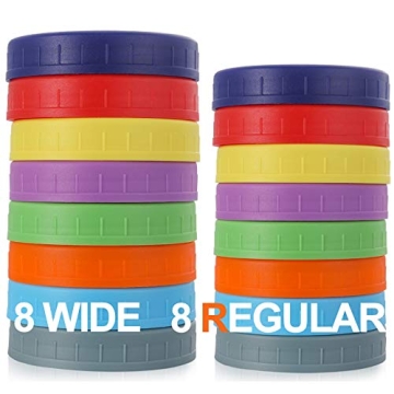 AOZITA 16 Pack Plastic Mason Jar Lids Fits Ball, Kerr & More - 8 Wide Mouth & 8 Regular Mouth - Colo...