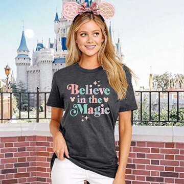 Magical Shirt for Women Magic Kingdom Tshirt Cute Castle Graphic Tee Family Holiday Vacation Short Sleeve Tops Dark Grey