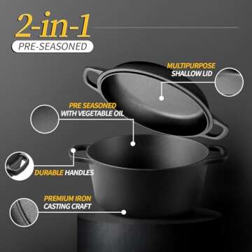 EDGING CASTING 2-in-1 Pre-Seasoned Cast Iron Dutch Oven Pot with Skillet Lid Cooking Pan, Cast Iron ...