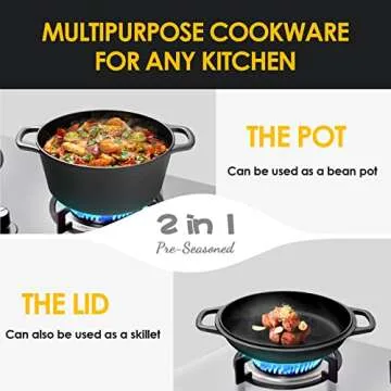 EDGING CASTING 2-in-1 Pre-Seasoned Cast Iron Dutch Oven Pot with Skillet Lid Cooking Pan, Cast Iron Skillet Cookware Pan Set with Dual Handles Indoor Outdoor for Bread, Frying, Baking, Camping, BBQ, 5QT