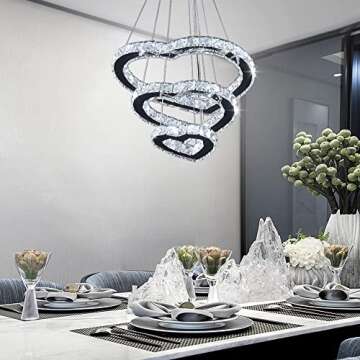 Winretro Modern 3 Ring Crystal Heart Chandelier Light Fixture LED Pendant Lighting Stainless Steel C...