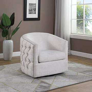 Strange DNA Kate Club Chair | Solid Wood, Polyester, Metal Base Capstone Swivel Armchair | Button Tufted Back Chrome Nail Trim Living Room Accent Chair Furniture with 360 Degree Swivel, Ivory
