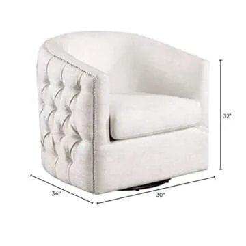 Strange DNA Kate Club Chair | Solid Wood, Polyester, Metal Base Capstone Swivel Armchair | Button Tufted Back Chrome Nail Trim Living Room Accent Chair Furniture with 360 Degree Swivel, Ivory